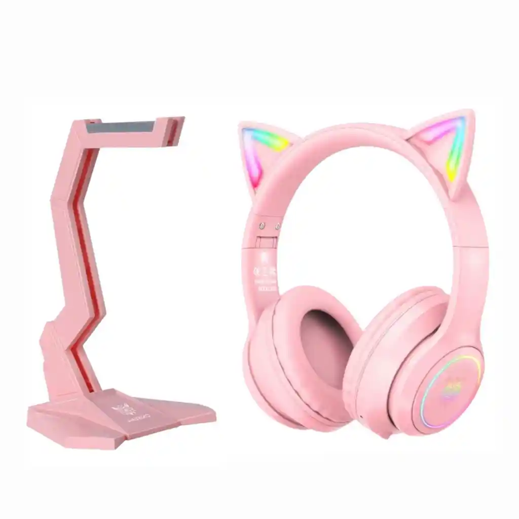 Audifonos Gamer B90 Gato Con Luz Led + Base Grande Rosa Onikuma