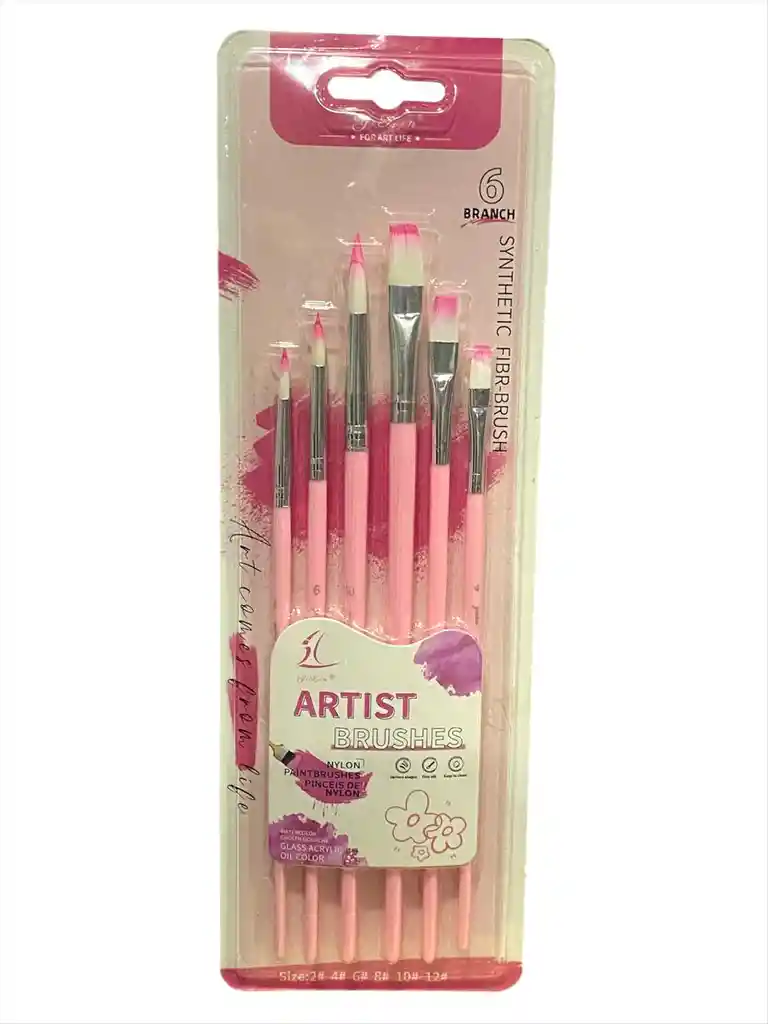 Pincel X 6 Uds Planos/redondos Rosados Ref O288