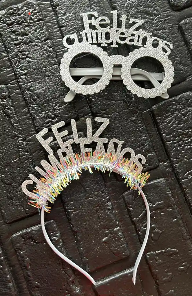 Gafas Lentes Diadema Feliz Cumpleaños Plateado