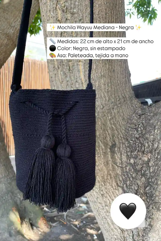 Mochila Wayuu Mediana Negra Clasica Unicolor