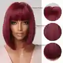 Peluca Corta Lisa Con Flequillo Color Vino Cabello Sintético
