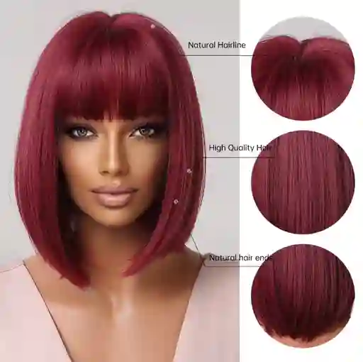 Peluca Corta Lisa Con Flequillo Color Vino Cabello Sintético
