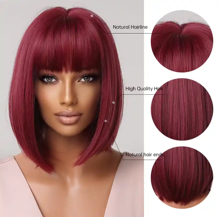 Peluca Corta Lisa Con Flequillo Color Vino Cabello Sintético