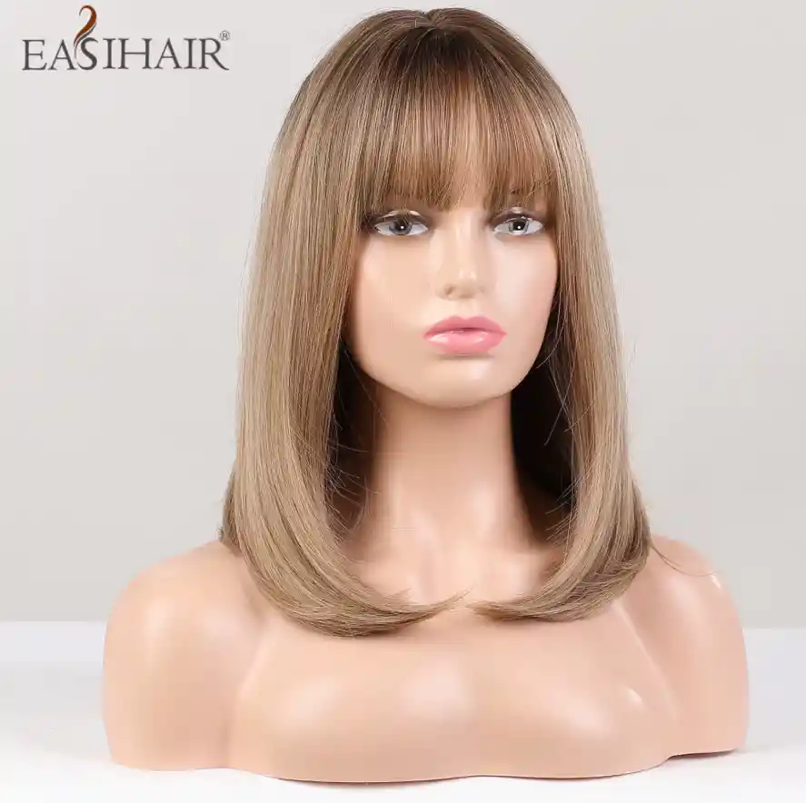 Peluca Corta Lisa Con Flequillo Color Rubio Balayage Cabello Sintético