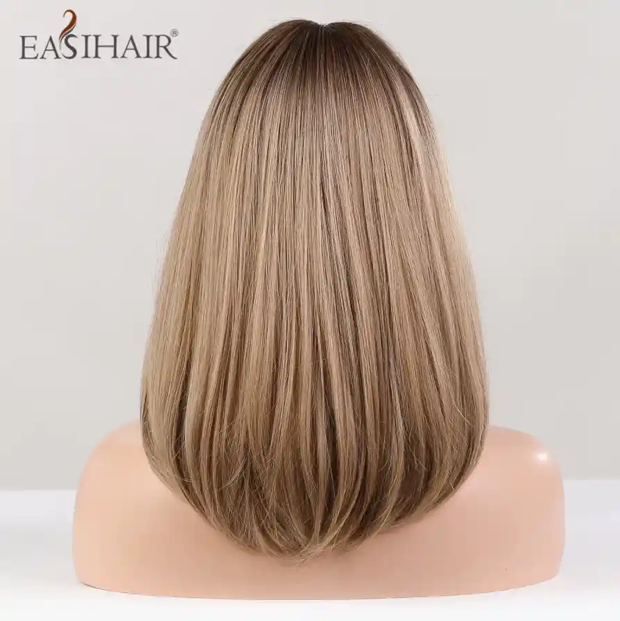 Peluca Corta Lisa Con Flequillo Color Rubio Balayage Cabello Sintético