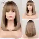 Peluca Corta Lisa Con Flequillo Color Rubio Balayage Cabello Sintético