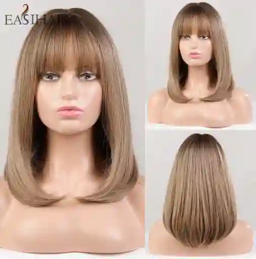 Peluca Corta Lisa Con Flequillo Color Rubio Balayage Cabello Sintético