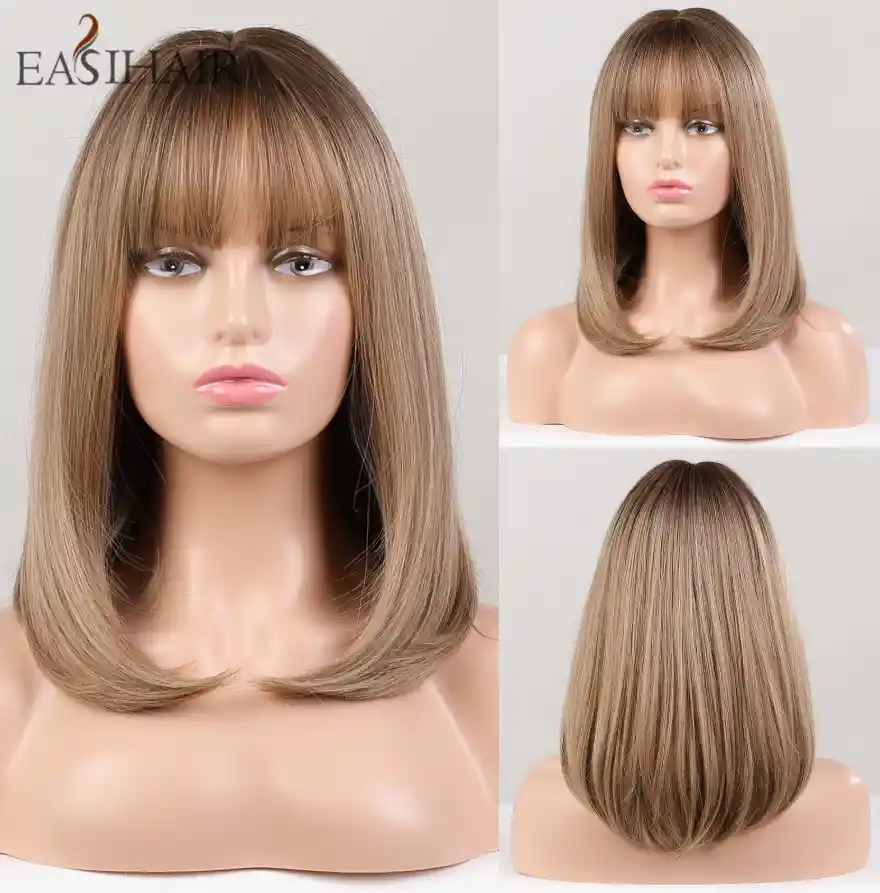 Peluca Corta Lisa Con Flequillo Color Rubio Balayage Cabello Sintético