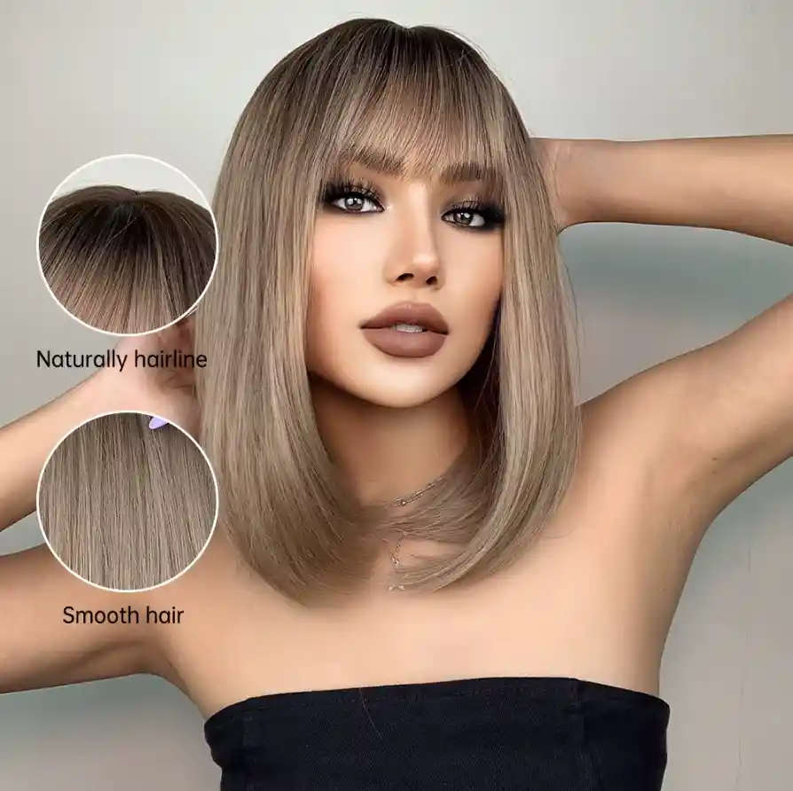 Peluca Corta Lisa Con Flequillo Color Rubio Balayage Cabello Sintético