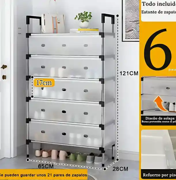 Zapatero Organizador 6 Niveles Con Tapa | Desarmable Y Ajustable