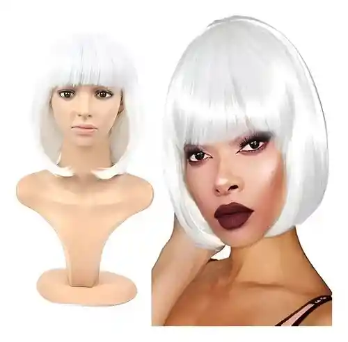 Peluca Corta Blanca Para Halloween O Fiestas Temáticas
