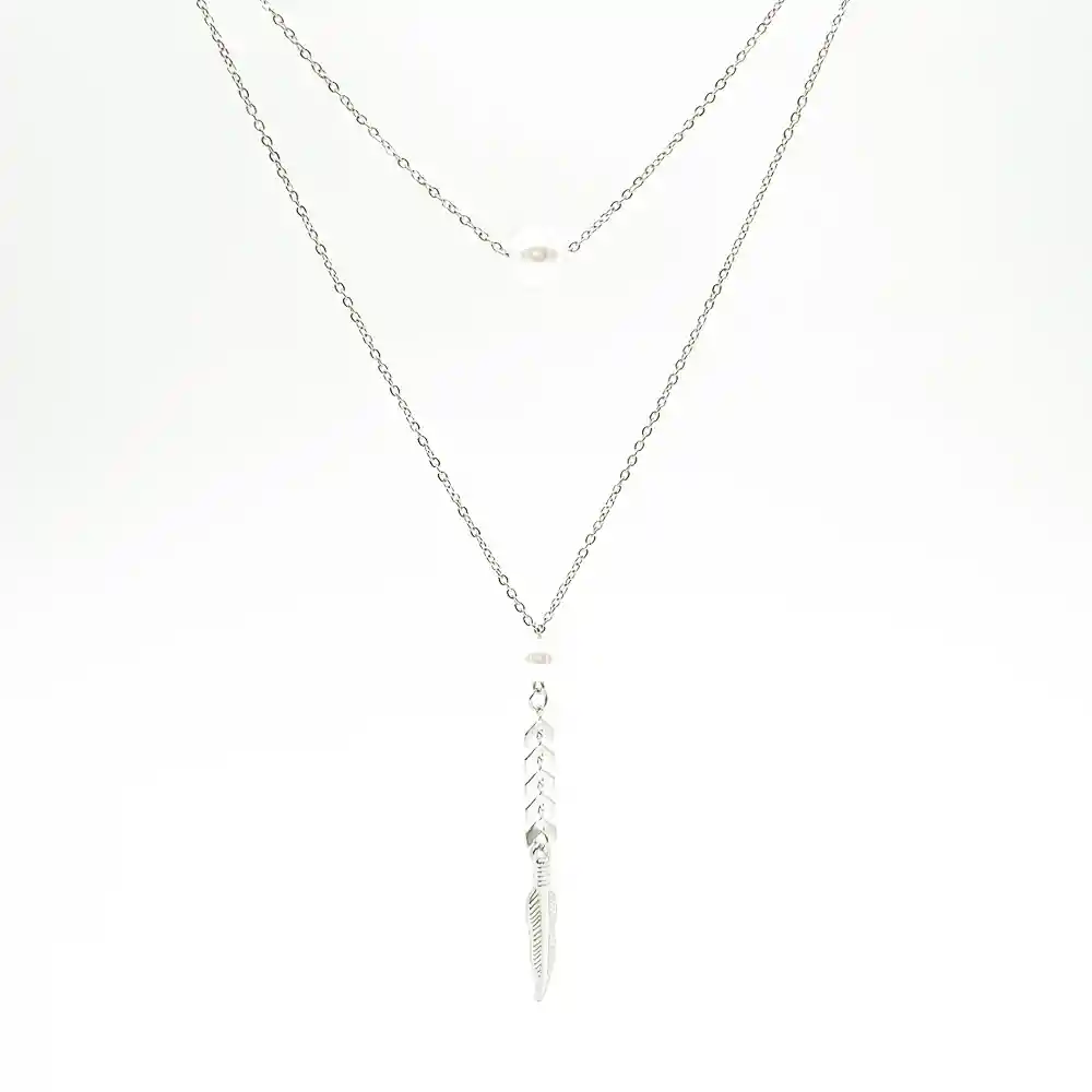 Set Collar Dije Pluma + Aretes De Perla En Acero Inoxidable