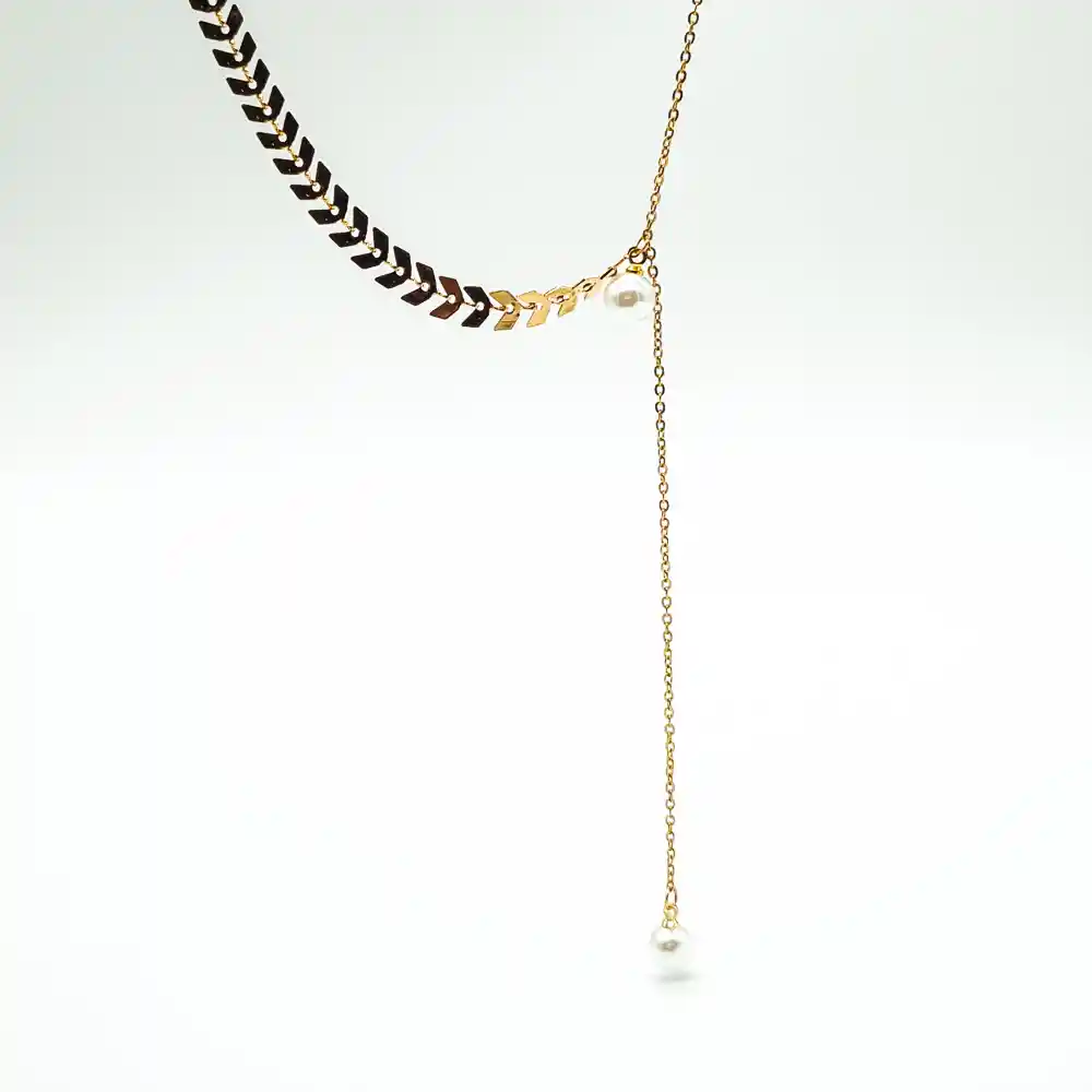 Set Collar Corbatín + Aretes De Perla En Acero Inoxidable