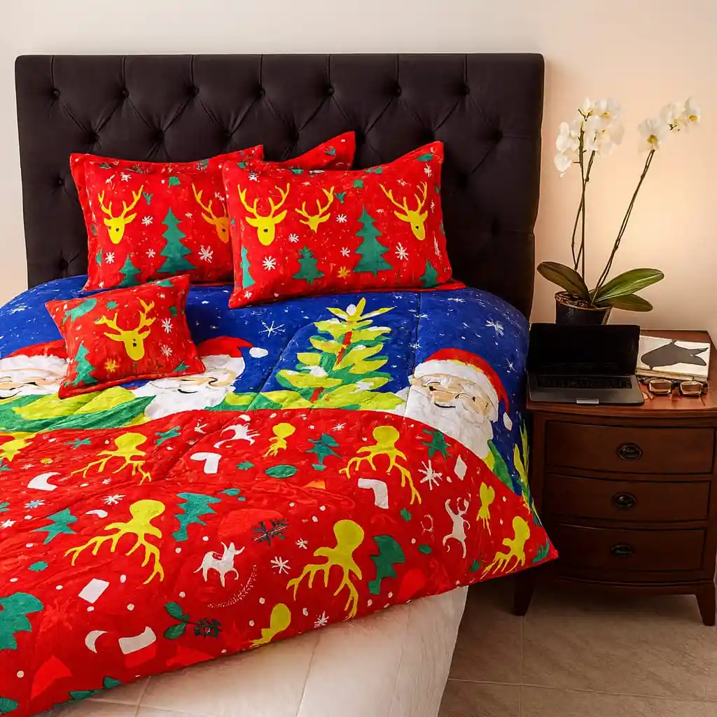 Edredón Navideño Doble Faz Tamaño Doble Pn - Hn/rojo Renos + Cojines