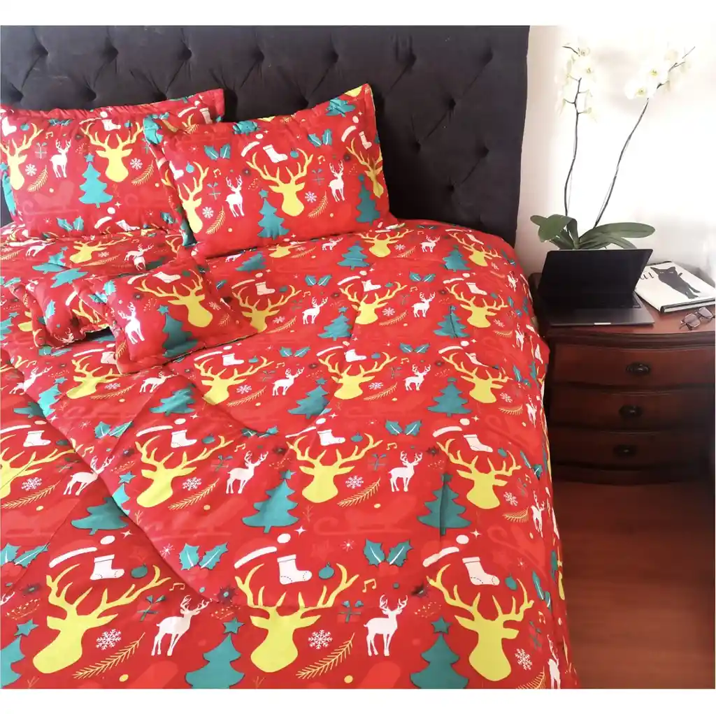 Edredón Navideño Doble Faz Tamaño Doble Pn - Hn/rojo Renos + Cojines