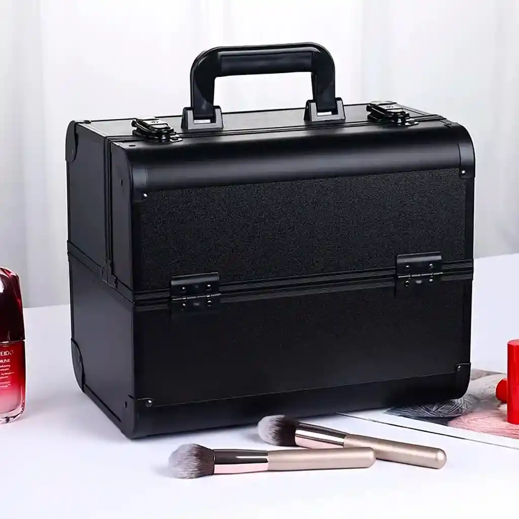 Caja Neceser Metálico Portátil De Maquillaje Profesional Negro Elegante