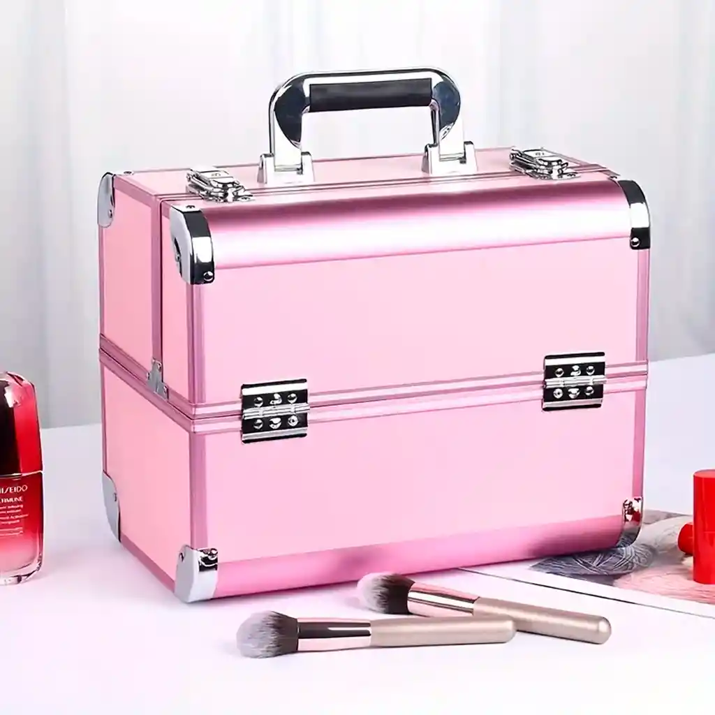 Caja Neceser Metálico Portátil De Maquillaje Profesional Rosado