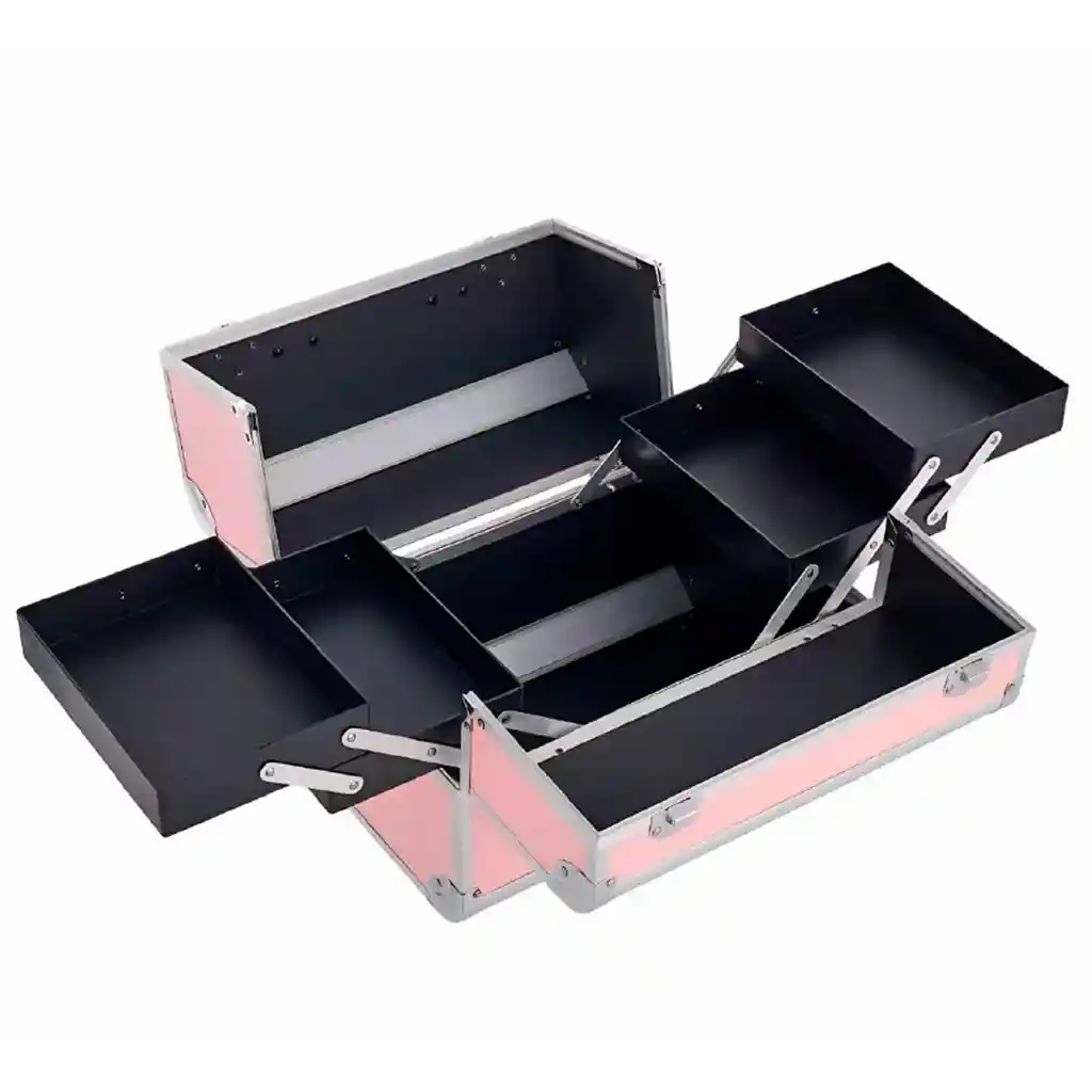 Caja Neceser Metálico Portátil De Maquillaje Profesional Rosado