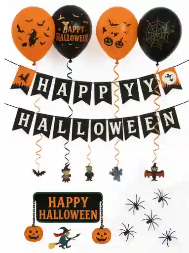 Set Kit De Decoracion Para Halloween Incluye Telaraña Bombas Decoradas Guirnalda Con Diseño De Bruja Arañas Serpentina De Monstruos Y 3 Bombas Inflables
