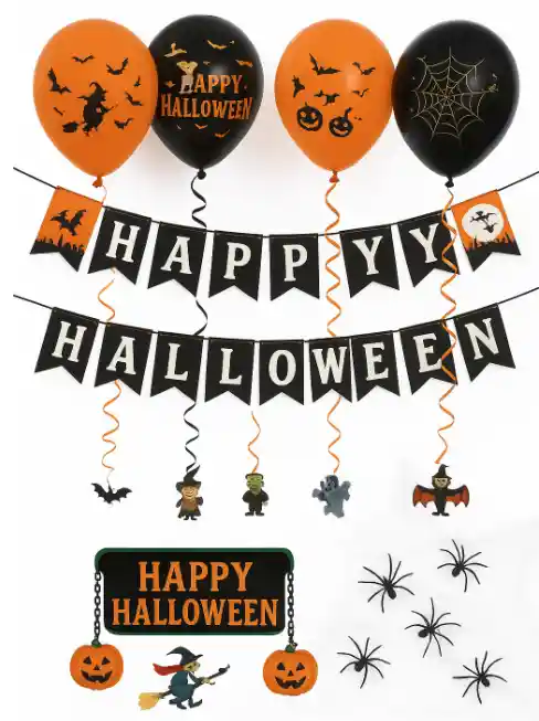 Set Kit De Decoracion Para Halloween Incluye Telaraña Bombas Decoradas Guirnalda Con Diseño De Bruja Arañas Serpentina De Monstruos Y 3 Bombas Inflables