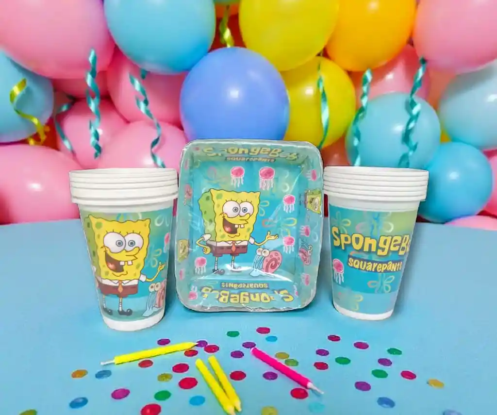Set De 12 Vasos Y 12 Torteros Bob Esponja