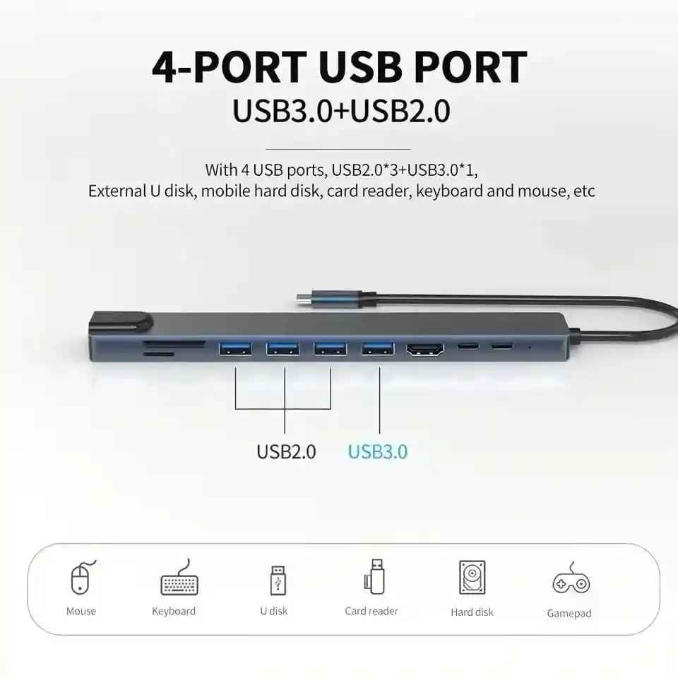 Hub Usb Tipo C 8en1 Multi Splitter Adaptador Hd Otg 4k Hdmi