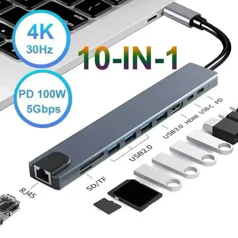 Hub Usb Tipo C 8en1 Multi Splitter Adaptador Hd Otg 4k Hdmi