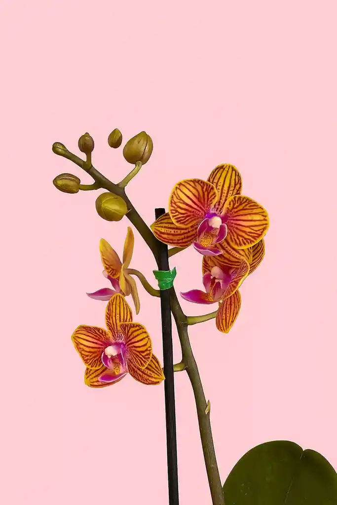 Orquidea Mini De 1 Vara Naranja Con Matera Blanca