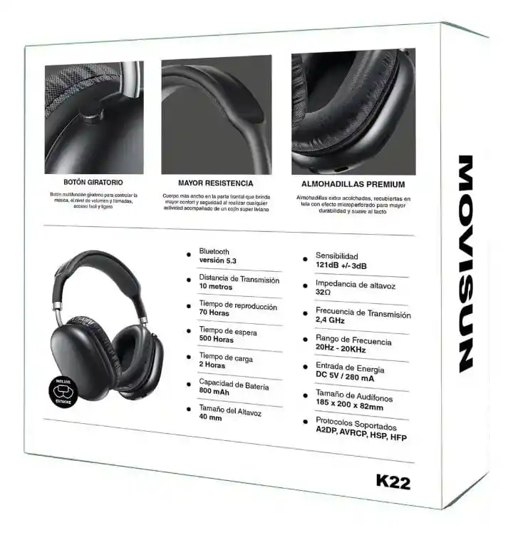 Audífonos Bluetooth K22 Movisun Diadema 70 Horas Gris
