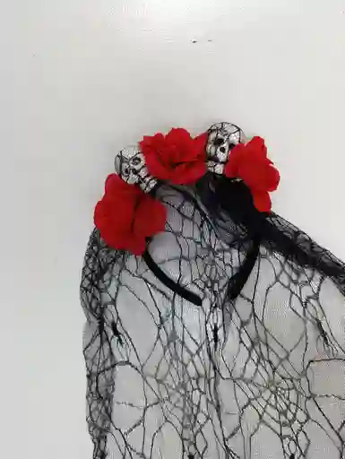 Diadema Con Calaveras, Flores Rojas Y Velo De Telaraña Estilo Halloween Catrina