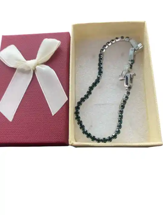 Pulsera Diseño De Piedras Verdes Oscuras En Rodio