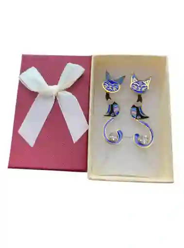 Aretes Largos Diseño De Gato Azul Con Negro En Acero