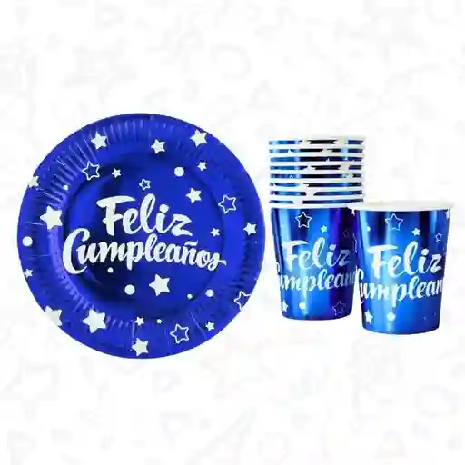 Platos Y Vasos Metalizados Azul Con Motivo “feliz Cumpleaños” Juego X10 – Ideal Para Fiestas 💙