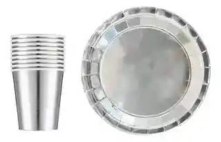 Platos Y Vasos Metalizados Plateado Juego X10 – Ideal Para Fiestas ✨🤍🥳