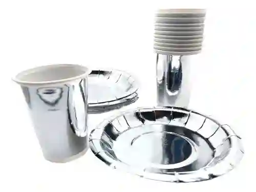Platos Y Vasos Metalizados Plateado Juego X10 – Ideal Para Fiestas ✨🤍🥳