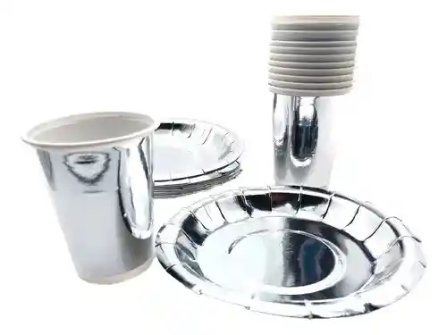 Platos Y Vasos Metalizados Plateado Juego X10 – Ideal Para Fiestas ✨🤍🥳