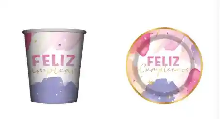 Set Fiesta Feliz Cumpleaños Acuarela Platos Y Vasos X8