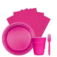 Set Platos, Vasos, Servilletas Y Tenedores X10 Sempertex Color Fucsia