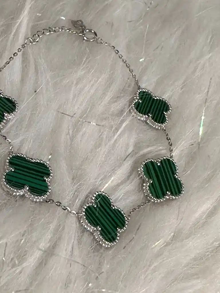 Pulsera Manilla Plata Ley 925 Trebol Verde X5 Garantia Original + Bolsa De Lujo