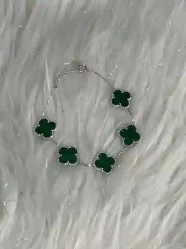 Pulsera Manilla Plata Ley 925 Trebol Verde X5 Garantia Original + Bolsa De Lujo