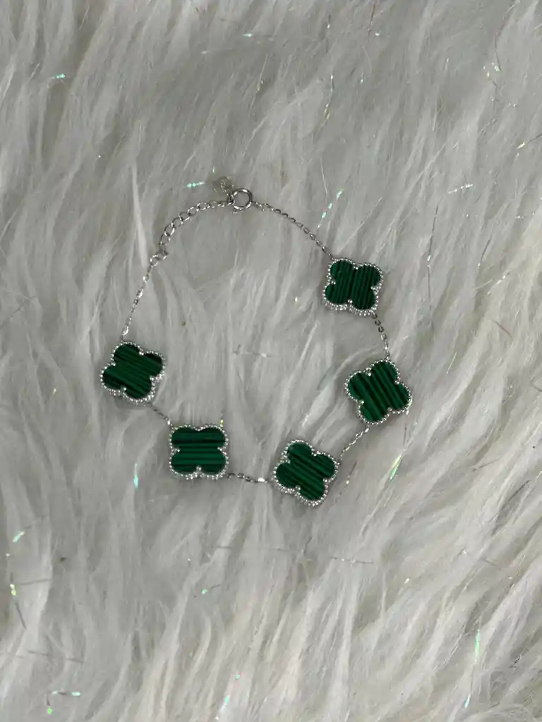 Pulsera Manilla Plata Ley 925 Trebol Verde X5 Garantia Original + Bolsa De Lujo