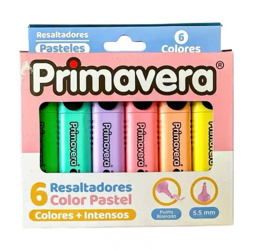 Set De 6 Resaltadores Primavera Colores Pastel Intensos Con Punta Biselada (5.5 Mm)
