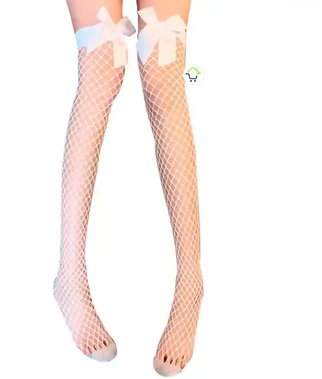 Medias Liguero De Malla Blanco Lenceria Con Diseño De Moño