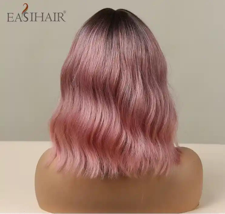 Peluca Corta Lisa Con Flequillo Color Degrade Rosa Cabello Sintético