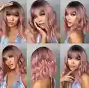 Peluca Corta Lisa Con Flequillo Color Degrade Rosa Cabello Sintético