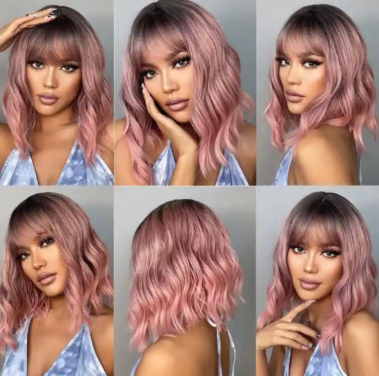 Peluca Corta Lisa Con Flequillo Color Degrade Rosa Cabello Sintético