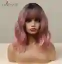 Peluca Corta Lisa Con Flequillo Color Degrade Rosa Cabello Sintético