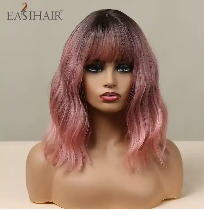 Peluca Corta Lisa Con Flequillo Color Degrade Rosa Cabello Sintético
