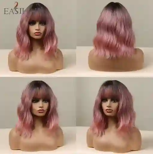 Peluca Corta Lisa Con Flequillo Color Degrade Rosa Cabello Sintético