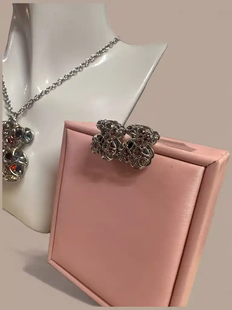 Trio Plata Ley 925 Oso Plateado Doble De Corazones Multicolor Garantia Original + Bolsa De Lujo.